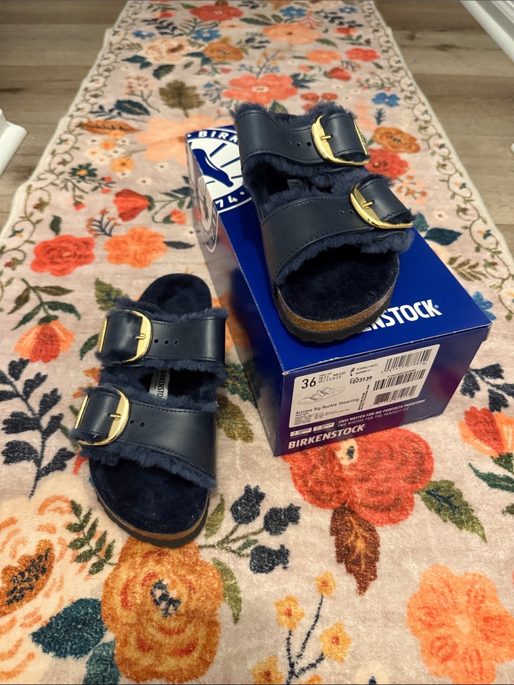 Birkenstock Navy Shearling Arizona Sandals with Big Gold Buckles